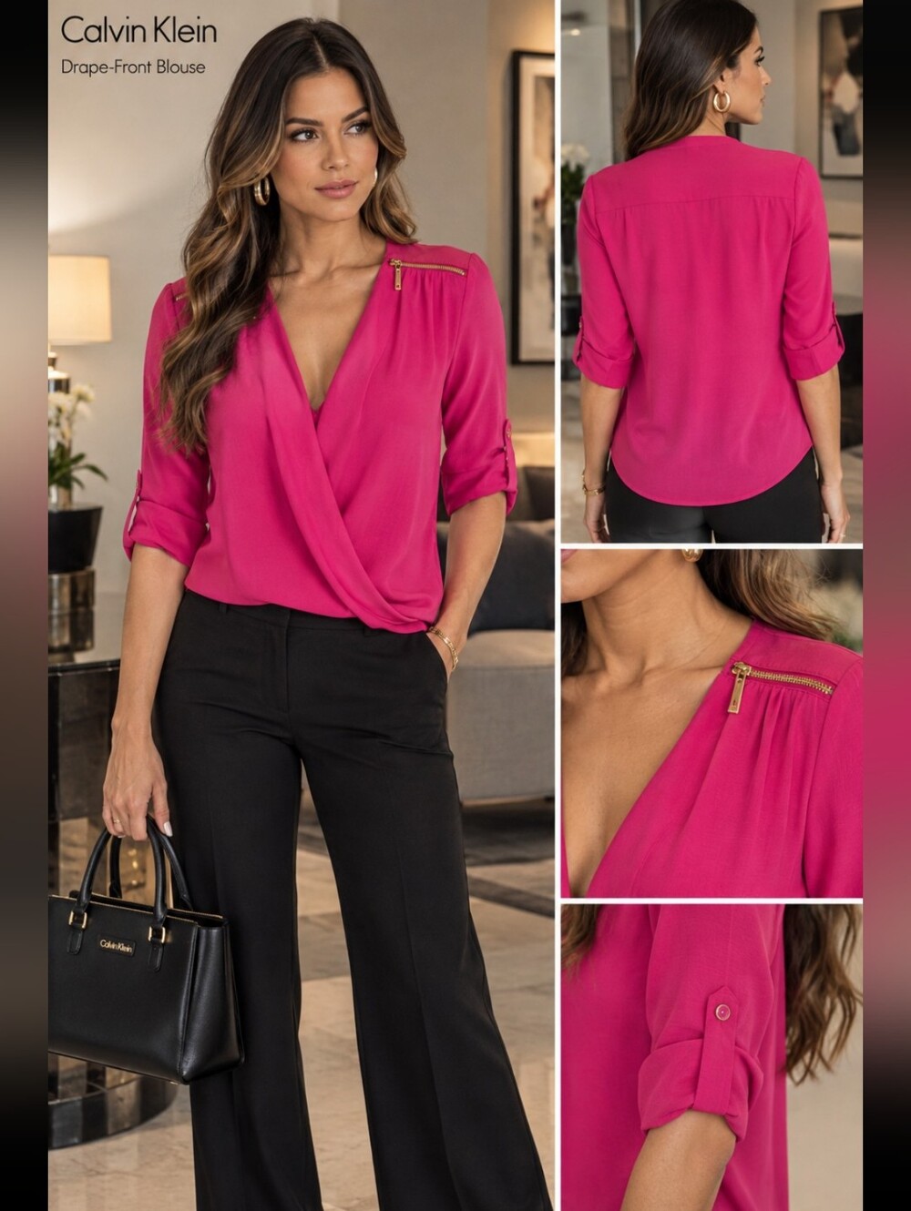 Calvin Klein Pink Wrap Blouse with Gold Zipper Details
